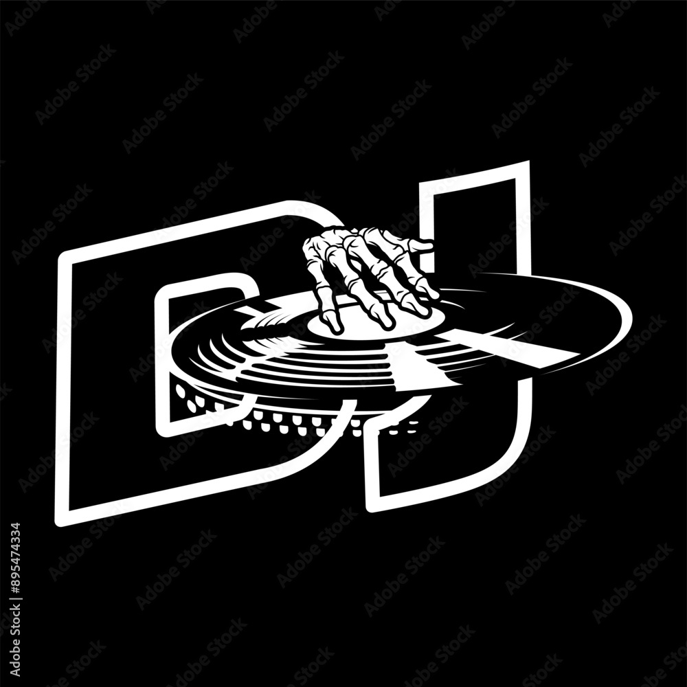DJ logo with hand skull skeleton, Design element for logo, poster, card, banner, emblem, t shirt. Vector illustration DJ logo with hand skull skeleton, Design element for logo, poster, card, banner, emblem, t shirt. Vector illustration