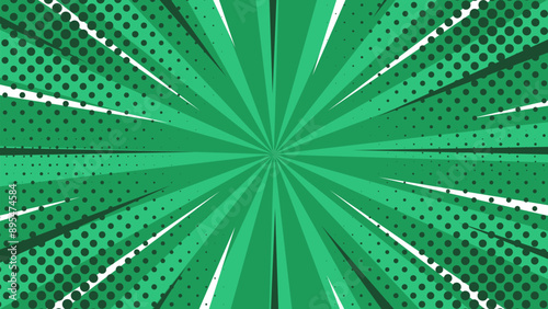 Green pop art comic sunburst effect background with halftone. Cartoon abstract vector background. Suitable for templates, sales banners, events, ads, web, and pages