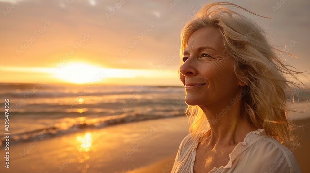 Mature Woman Breathing Ocean Air on Beach at Sunset, Smiling and Happy Mature Woman Breathing Ocean Air on Beach at Sunset, Smiling and Happy