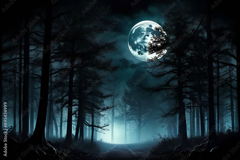 abstract glowing Dark forest. Gloomy dark scene with trees, big moon, moonlight Smoke abstract glowing Dark forest. Gloomy dark scene with trees, big moon, moonlight Smoke