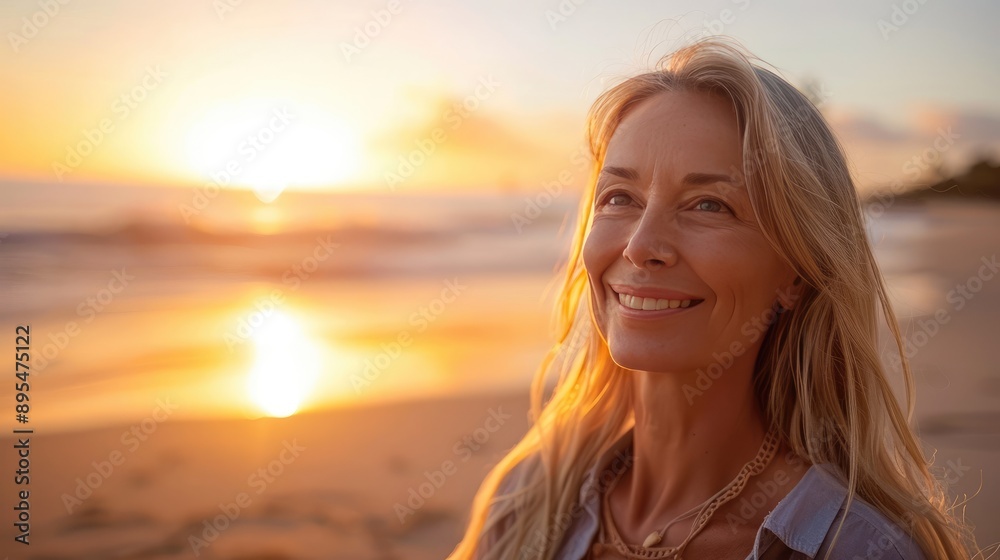 Mature Woman Breathing Ocean Air on Beach at Sunset, Smiling and Happy Mature Woman Breathing Ocean Air on Beach at Sunset, Smiling and Happy