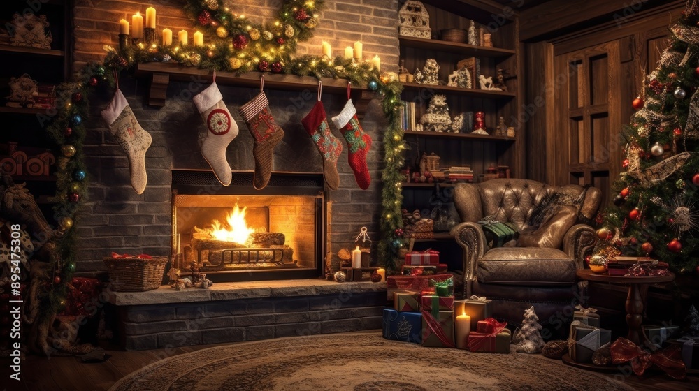 Cozy Christmas Fireplace with Stocking and Presents Cozy Christmas Fireplace with Stocking and Presents
