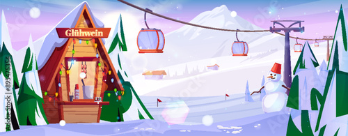 Winter ski mountain resort with mulled wine stall, hotel chalet and red cabin on cableway. Cartoon vector cold season vacation landscape white snow hills, green spruce trees and modern funicular.