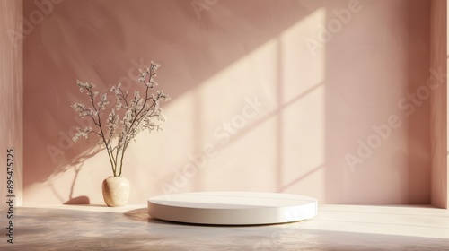 Luxurious beige podium in a minimalistic studio, featuring a pastel brown wall and silky textures for product display