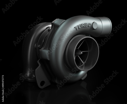 Foto Steel turbocharger isolated on black background High resolution 3d