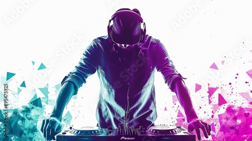 Electromagnetic Pulse: A DJ, bathed in vibrant purple and teal hues, commands the decks, his silhouette pulsing with the rhythm of the night. 