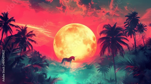 Unicorn Dreamscape: A majestic unicorn silhouetted against a vibrant sunset, with a giant moon illuminating a tropical paradise. This captivating image evokes wonder, magic, and escape.