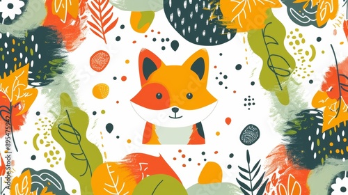 Autumn Fox: A playful fox peeks out from a vibrant, hand-painted autumnal forest, surrounded by leaves, branches, and whimsical shapes. This colorful pattern evokes the warmth and beauty of the season
