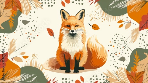 Autumn's Wise Gaze: A friendly fox sits amidst a warm autumnal frame of leaves and abstract shapes. 
