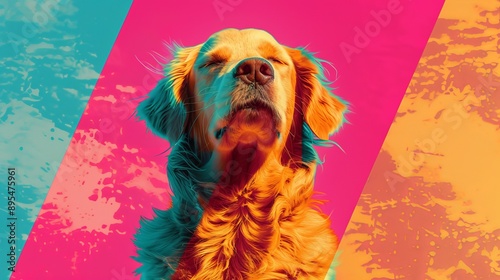 Golden Serenity: A golden retriever basks in tranquility, eyes closed in blissful repose against a vibrant, abstract backdrop.  