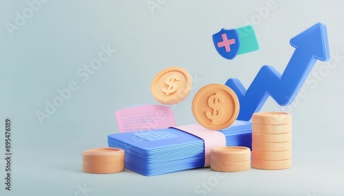Colorful financial setup with coins, bills, and growth symbols representing wealth and investment.