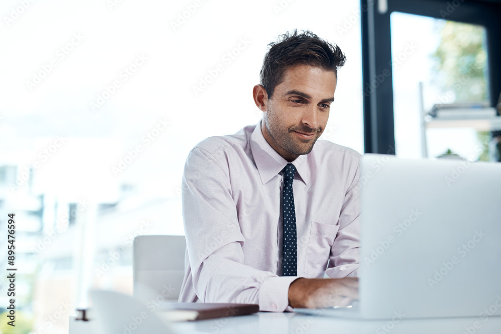Administration, laptop and smile with business man at desk in office, typing report for email feedback. Computer, corporate and review of information with happy employee in workplace for accounting Administration, laptop and smile with business man at desk in office, typing report for email feedback. Computer, corporate and review of information with happy employee in workplace for accounting