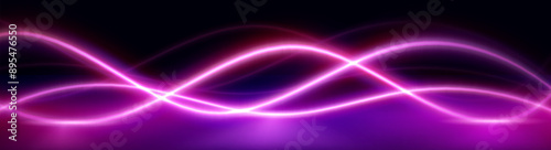 Pink neon light wave line abstract background. Dynamic curve swirl flow for music rhythm bg. 3d futuristic horizontal pulse vortex. Audio voice wavy pattern with laser elements creative design