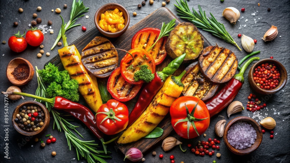Vibrant medley of grilled vegetables, fragrant spices, and herbs arranged artfully on a dark, minimalist background, evoking culinary sophistication. Vibrant medley of grilled vegetables, fragrant spices, and herbs arranged artfully on a dark, minimalist background, evoking culinary sophistication.
