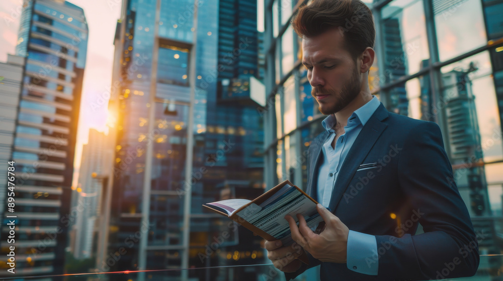 Fototapeta premium A stylish young entrepreneur holding a wallet and reviewing his bank passbook, with a cityscape in the background.