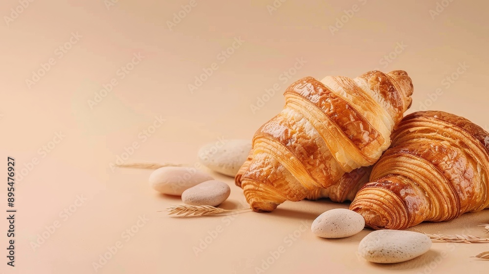 Freshly Baked Croissants with Stone and Wood Accents on Light Beige Background Freshly Baked Croissants with Stone and Wood Accents on Light Beige Background