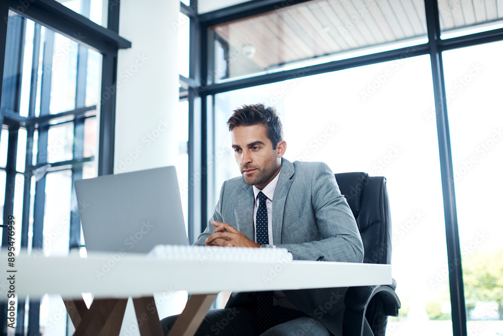 Investment, laptop and thinking with man trading in office for financial or portfolio growth. Computer, planning and stock market with professional trader at table in workplace for business review Investment, laptop and thinking with man trading in office for financial or portfolio growth. Computer, planning and stock market with professional trader at table in workplace for business review