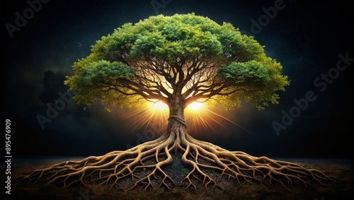 Mystical tree of life with gnarled roots bursting forth from darkness on black background symbolizing eternal growth and wisdom.