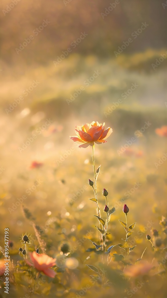 Generative AI, A single flower bathed in soft, golden light in a misty field, symbolizing beauty, hope, and the quiet strength found in solitude. Generative AI, A single flower bathed in soft, golden light in a misty field, symbolizing beauty, hope, and the quiet strength found in solitude.