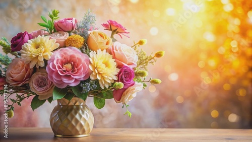 Artificial flowers on a background , floral arrangement, fake flowers, plastic blossoms, realistic silk petals © sarinya