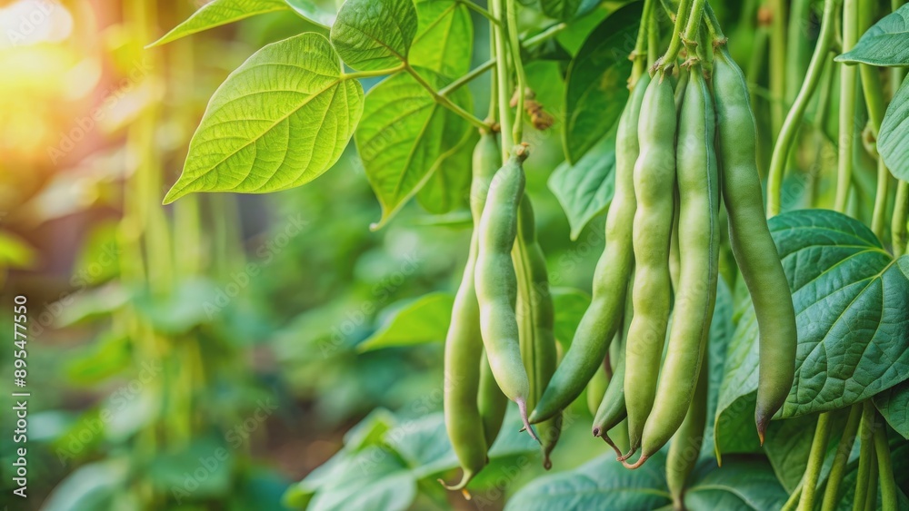 Fresh green beans hanging on a lush bean plant in a garden, healthy, organic, vegetables, harvest, farming, agriculture Fresh green beans hanging on a lush bean plant in a garden, healthy, organic, vegetables, harvest, farming, agriculture