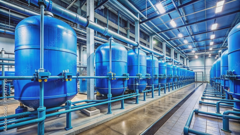 Interior view of an industrial water treatment plant with large blue tanks, complex piping