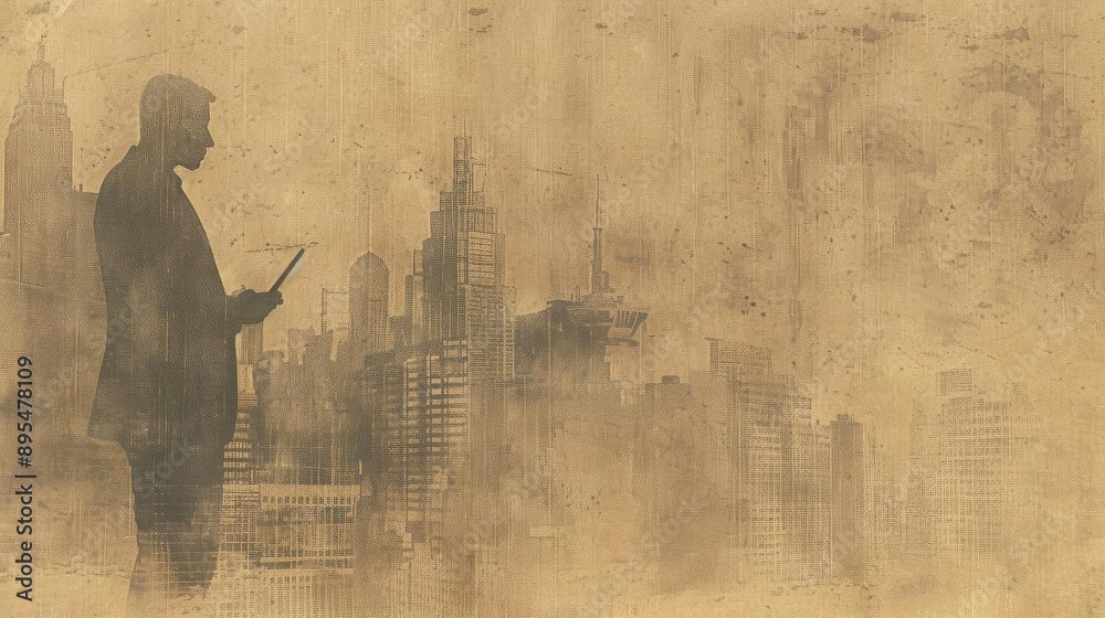 Obraz premium A double exposure image combining a businessman holding a laptop with a cityscape overlay