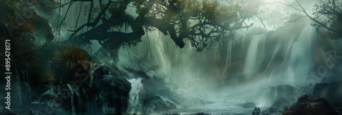 A breathtaking view of a misty waterfall cascading down a rocky cliff, with a large tree branching over the water, symbolizing tranquility, nature's power, hidden beauty, adventure, and serenity.