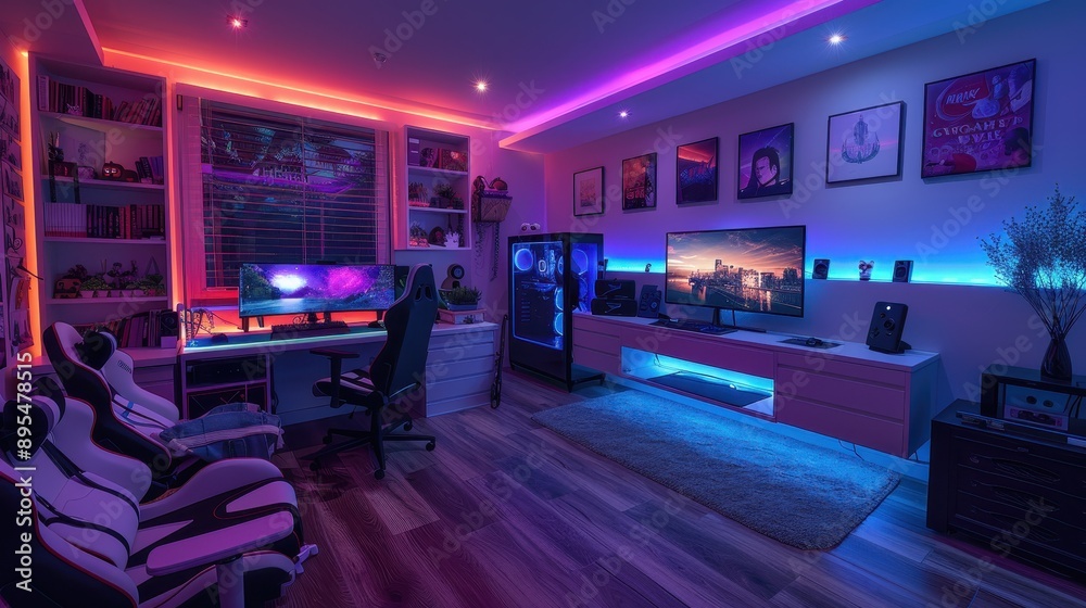 An impressive gaming room with the latest consoles, virtual reality setups, and ambient lighting.