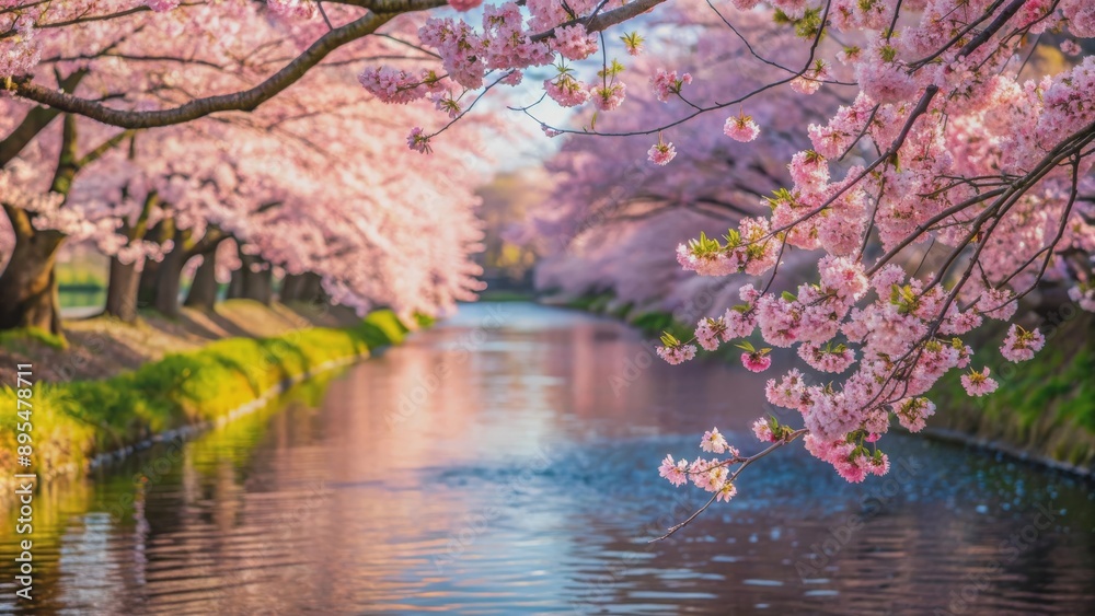 Cherry blossom branches overhanging a serene river with pink petals floating on the water, Cherry blossom Cherry blossom branches overhanging a serene river with pink petals floating on the water, Cherry blossom