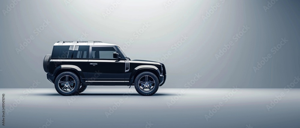 Fototapeta premium A stylish 3D rendering of an SUV positioned in front of a plain background with extensive copy space The vehicle's robust design and detailed textures are highlighted by the lighting giving it a