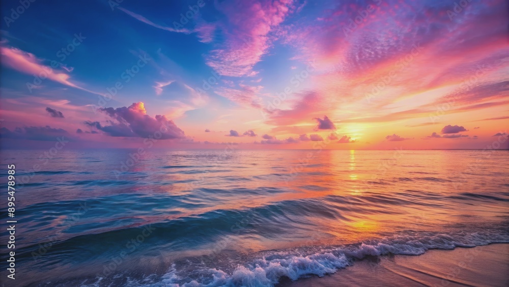 Fototapeta premium Tranquil ocean at sunset with pink sky glow, calm, ocean, sunset, pink sky, water, reflection, peaceful, serene, beauty, nature