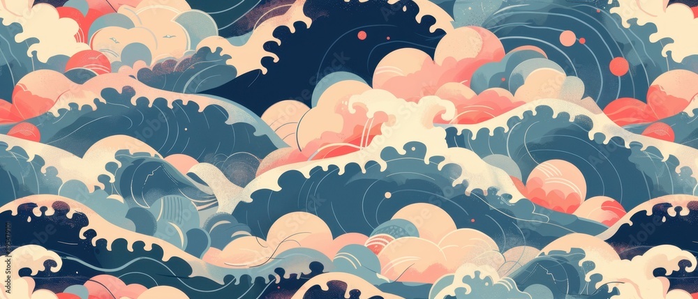 Traditional Japanese art, seamless pattern with waves, flat design illustration
