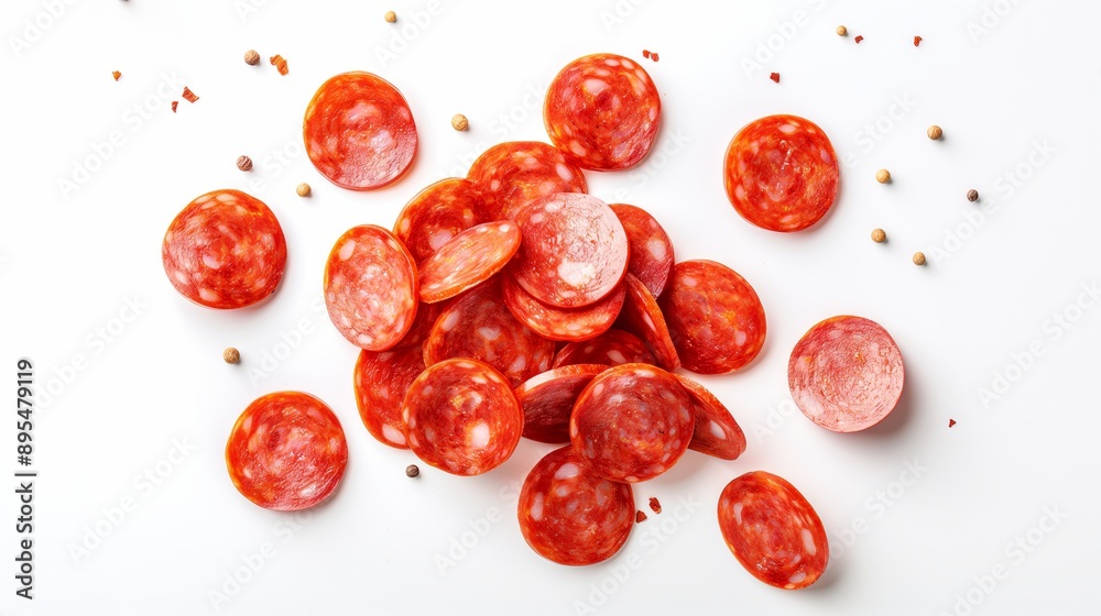 Pepperoni Slices Scattered on White Surface Pepperoni Slices Scattered on White Surface