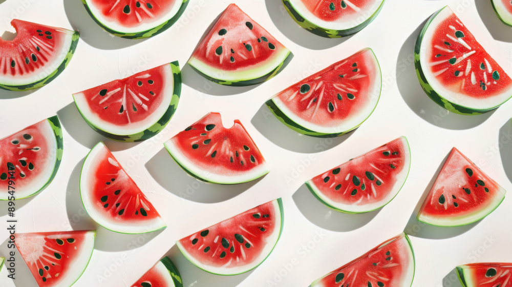An artistic arrangement of watermelon slices on a white background, highlighting the contrast of colors An artistic arrangement of watermelon slices on a white background, highlighting the contrast of colors