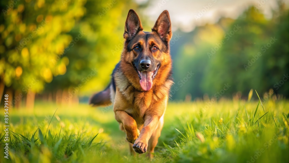 Adorable energetic German Shepherd dog runs freely with joyful abandoned in lush green open space on sunny day.