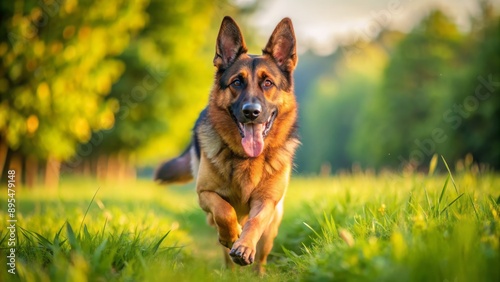 Obraz na płótnie Adorable energetic German Shepherd dog runs freely with joyful abandoned in lush green open space on sunny day. w salonie