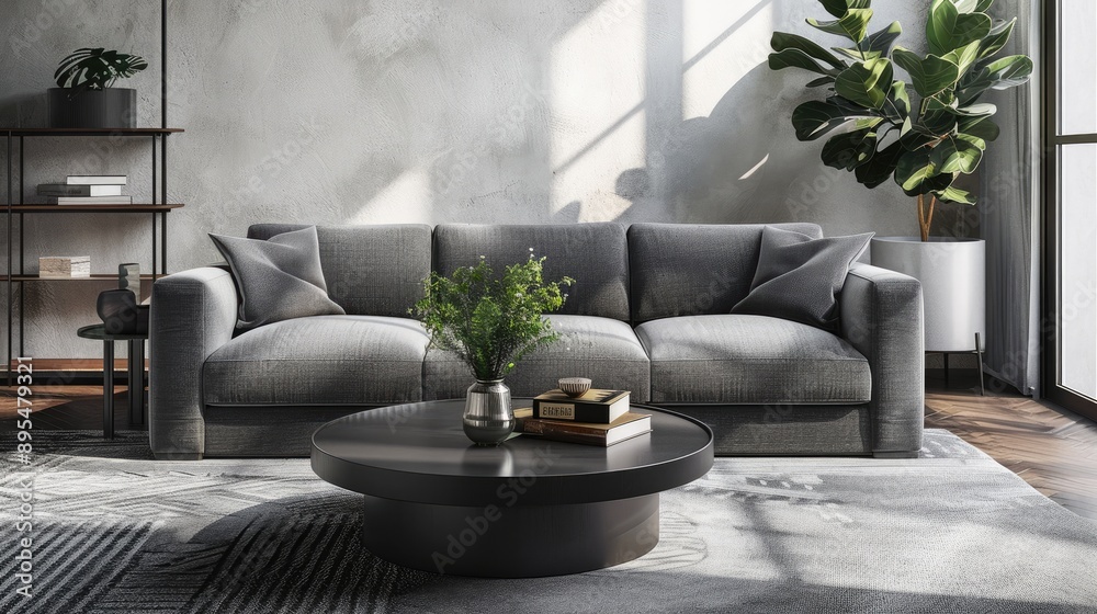 Gray sofa and round coffee table in living room Gray sofa and round coffee table in living room