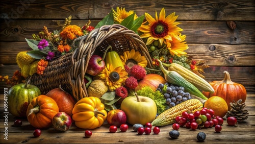 Vibrant cornucopia overflows with seasonal abundance of fruits, vegetables, and flowers against rustic wooden background in warm autumn atmosphere.