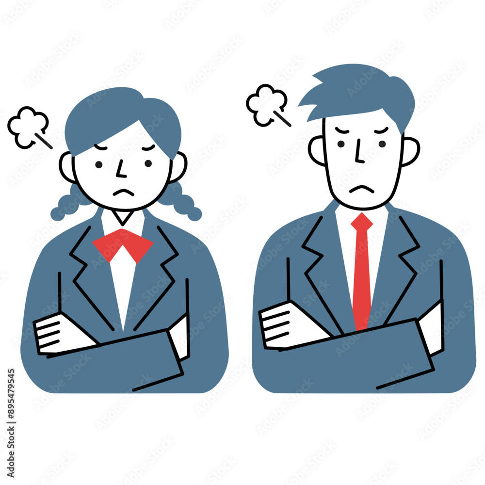 腹を立てている女子学生と男子学生の上半身セット 腹を立てている女子学生と男子学生の上半身セット