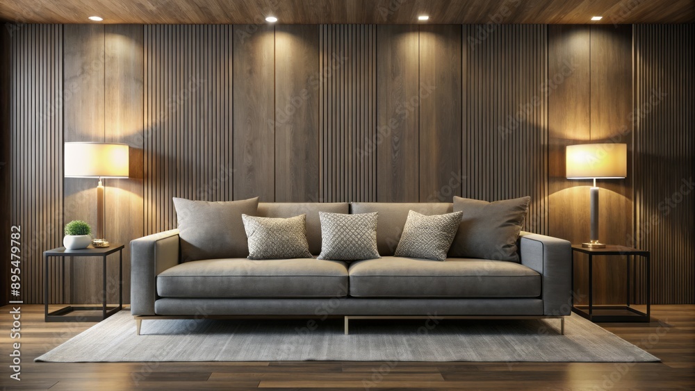 Sleek gray sofa adorned with cream pillows sits against walls of dark wood panels amidst ambient floor lamp lighting. Sleek gray sofa adorned with cream pillows sits against walls of dark wood panels amidst ambient floor lamp lighting.