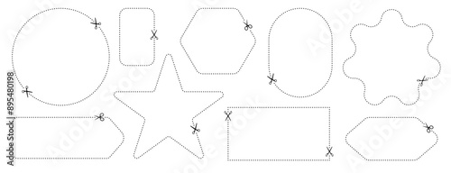 Cut here icon. Set of scissors cutting shape, paper cut here icon with dotted line for ticket, coupon, promo code.