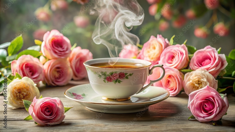 Delicate porcelain cup and steaming tea poured amidst lush, velvety roses, evoking serenity and elegance in a serene still life setting. Delicate porcelain cup and steaming tea poured amidst lush, velvety roses, evoking serenity and elegance in a serene still life setting.