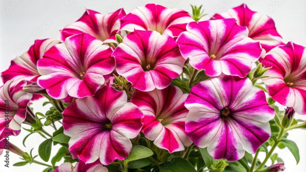 Vibrant pink and white petunia flowers in full bloom, delicately swirled together, showcased against a pristine white background. Vibrant pink and white petunia flowers in full bloom, delicately swirled together, showcased against a pristine white background.