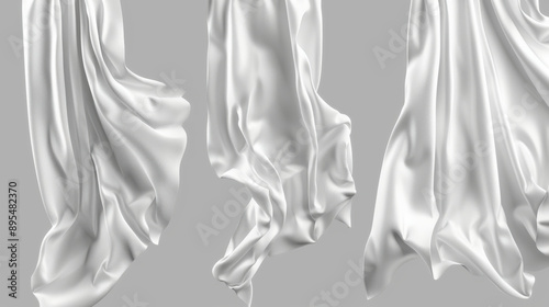 Assorted white satin silk fabric pieces hanging in the air on a transparent background, PNG mockup template for design projects