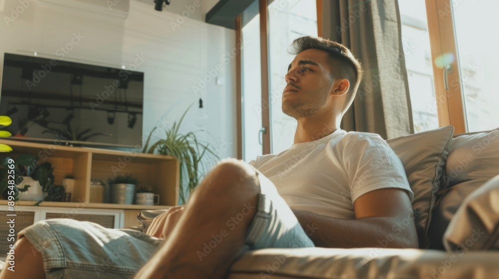 Fototapeta premium A man is sitting on a couch in a living room