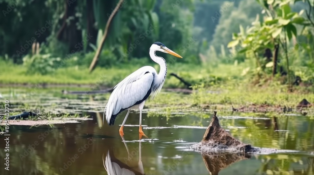 Fototapeta premium Gray Heron in Shallow Water