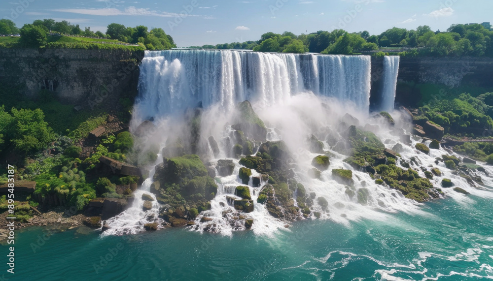 Waterfall in natural setting, surrounded by trees and water, creates peaceful landscape Waterfall in natural setting, surrounded by trees and water, creates peaceful landscape