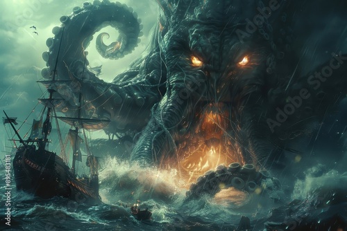 Showcases the raw power and destructive force of a mythical sea creature.