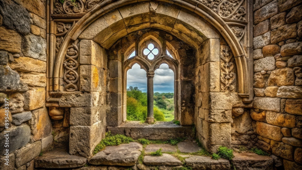 Ancient stone window with intricate carvings and worn stone walls in a deserted abandoned medieval ruin scene. Ancient stone window with intricate carvings and worn stone walls in a deserted abandoned medieval ruin scene.